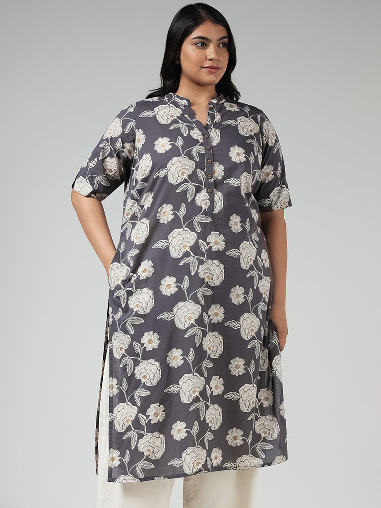 Diza Grey Floral Printed Cotton Kurta