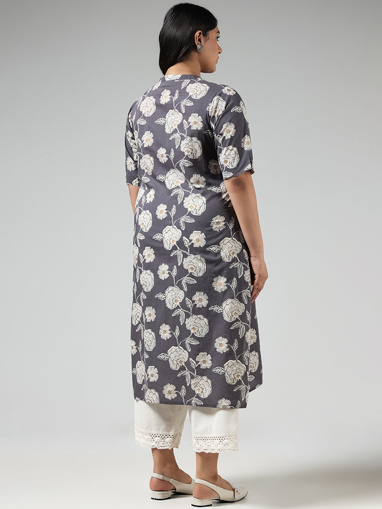 Diza Grey Floral Printed Cotton Kurta