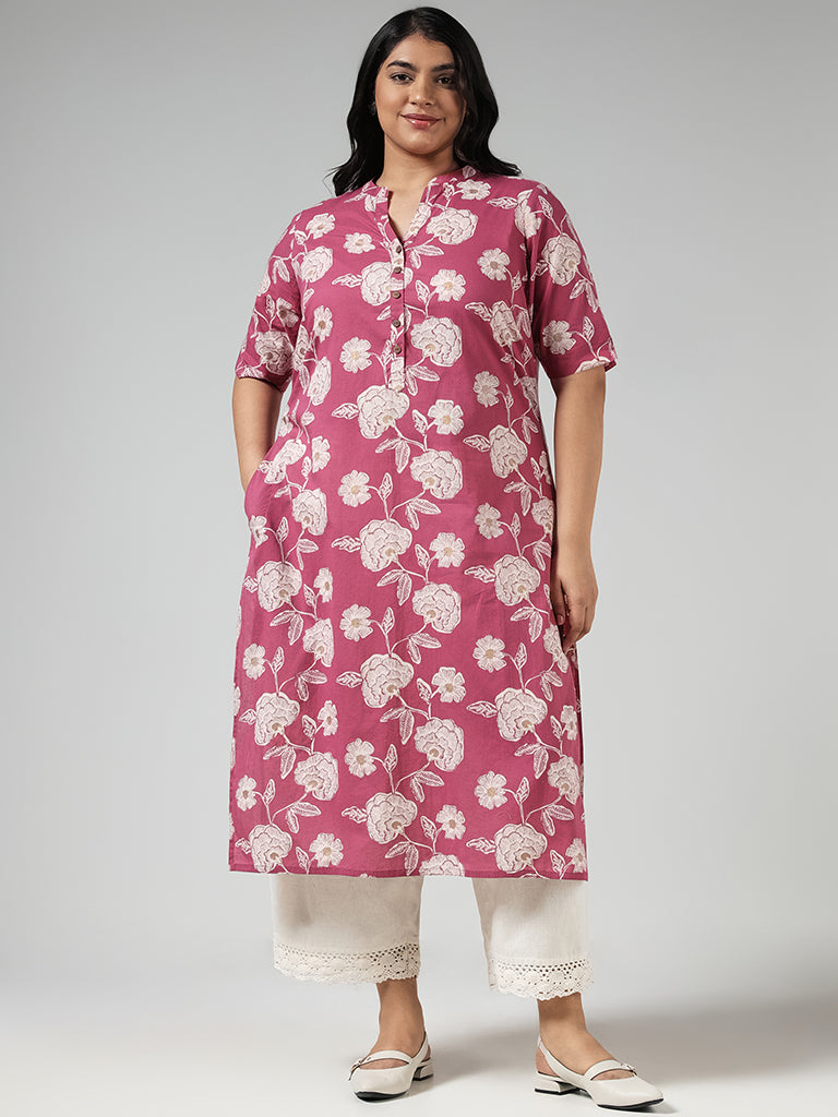 Diza Pink Floral Printed Cotton Kurta