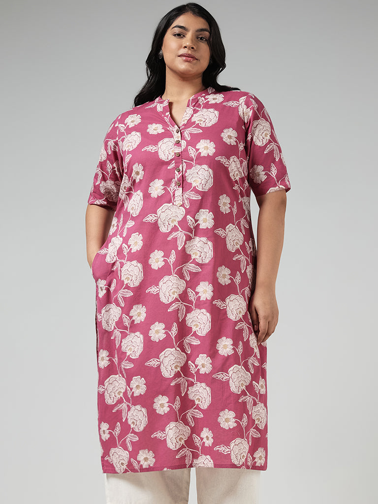 Diza Pink Floral Printed Cotton Kurta