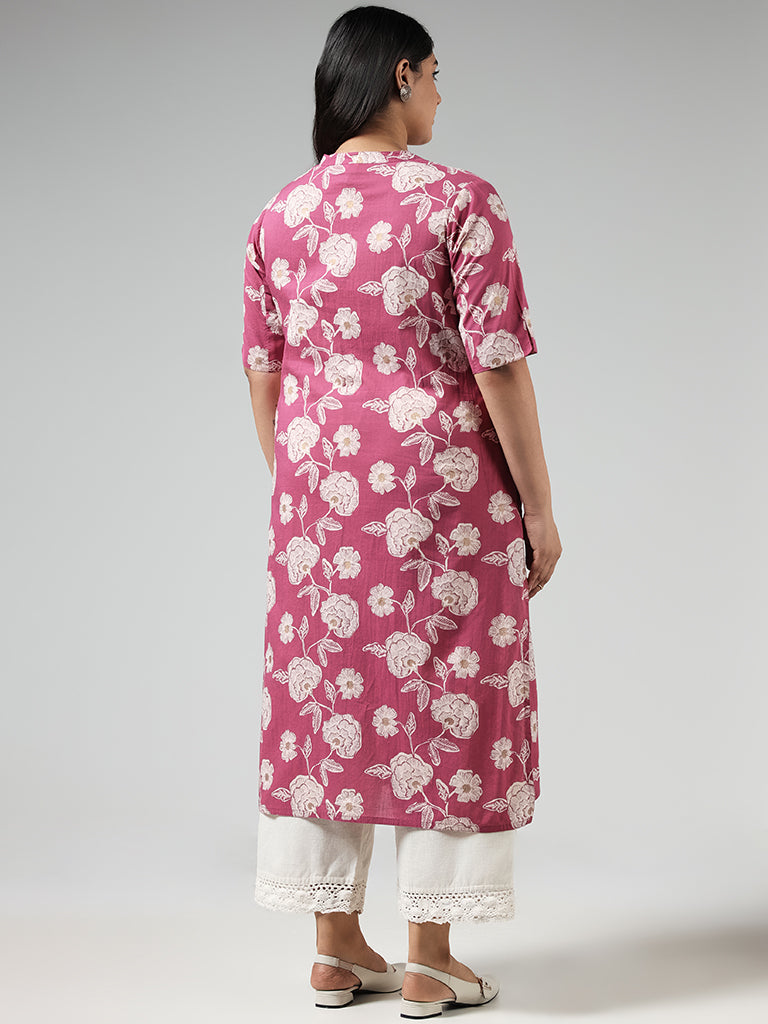 Diza Pink Floral Printed Cotton Kurta