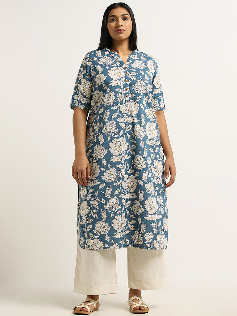 Diza Indigo Floral Printed Cotton Kurta