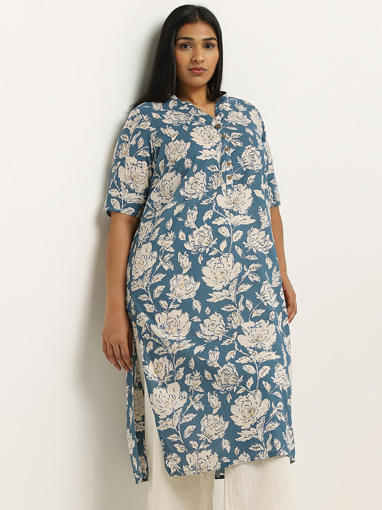 Diza Indigo Floral Printed Cotton Kurta