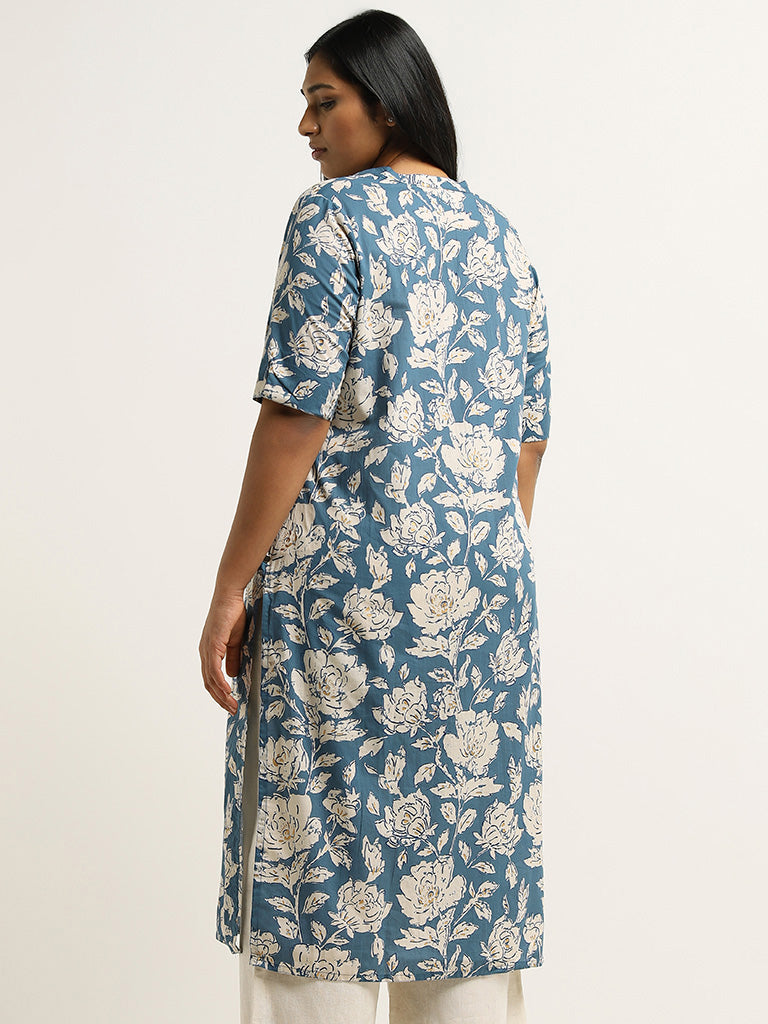 Diza Indigo Floral Printed Cotton Kurta