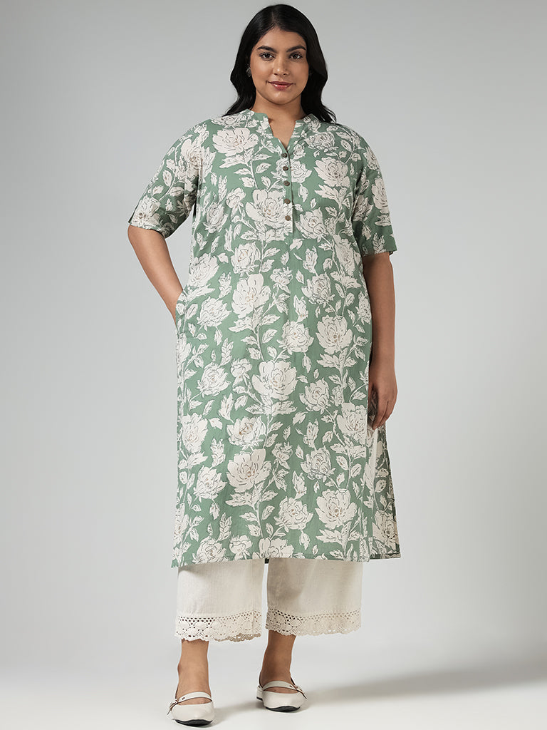 Diza Green Floral Printed Cotton Kurta