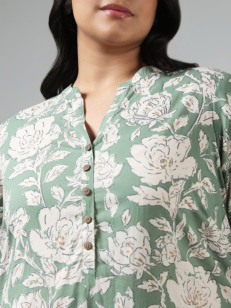 Diza Green Floral Printed Cotton Kurta