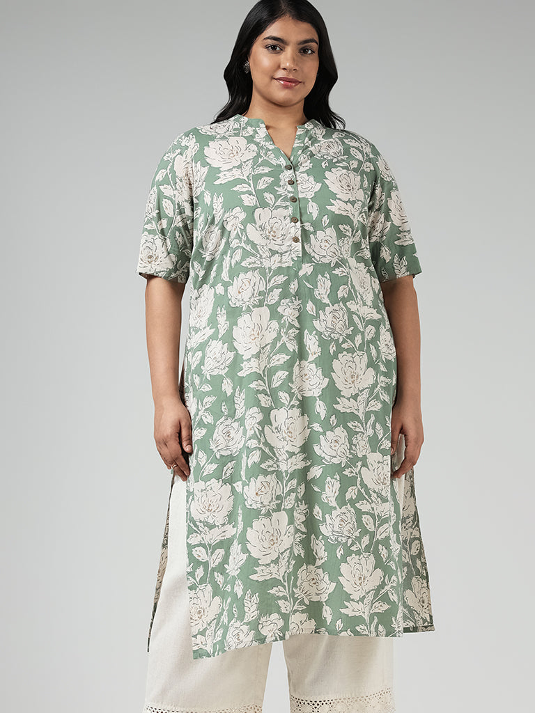 Diza Green Floral Printed Cotton Kurta