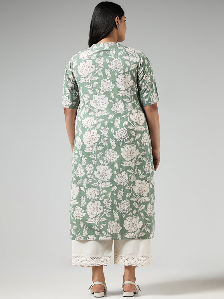 Diza Green Floral Printed Cotton Kurta