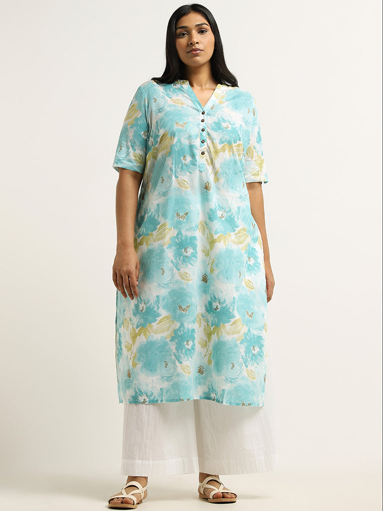 Diza Blue Floral Printed Cotton Kurta