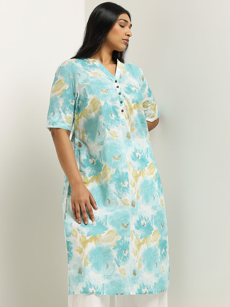 Diza Blue Floral Printed Cotton Kurta