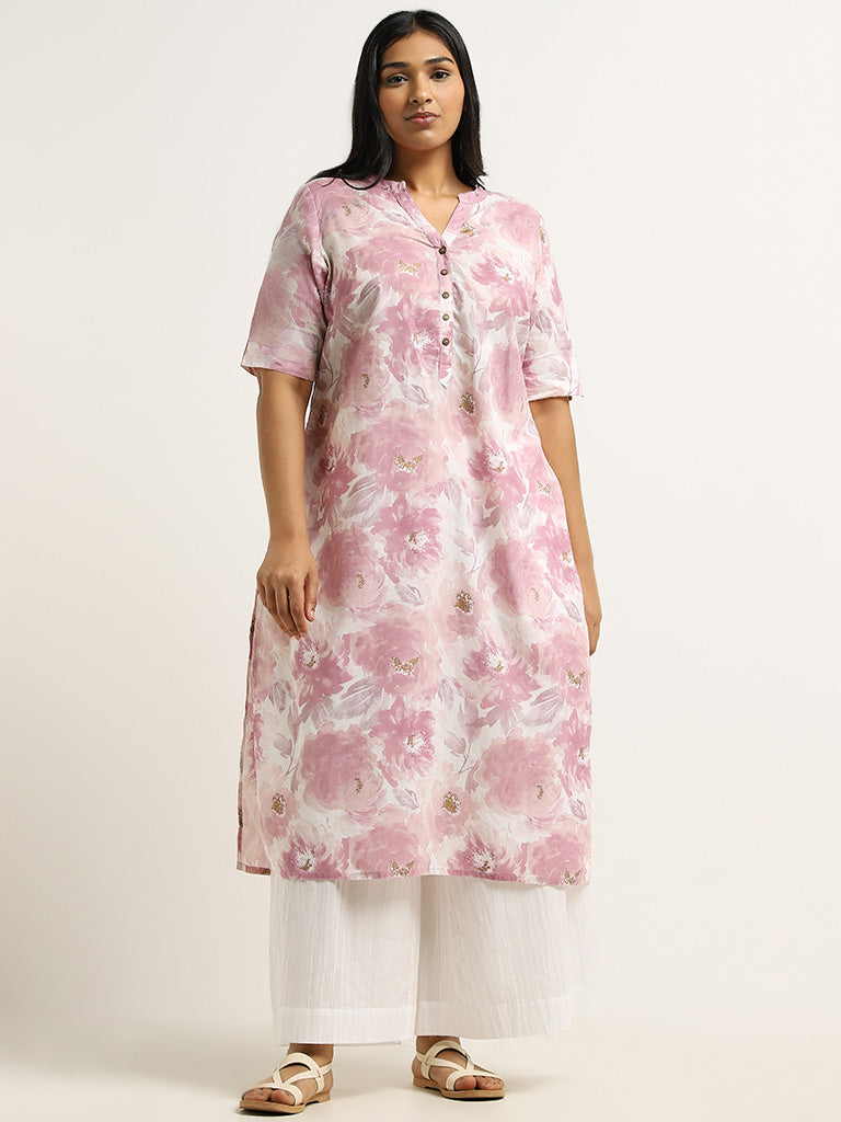 Diza Lilac Floral Printed Cotton Kurta