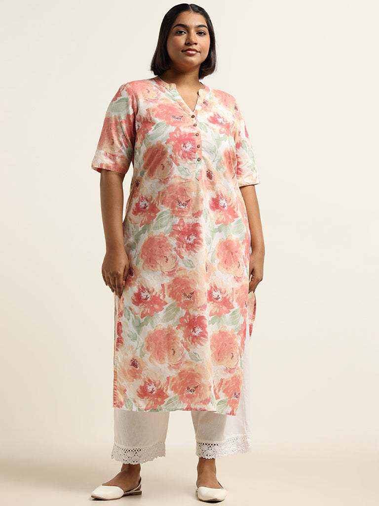 Diza Peach Floral Cotton Kurta