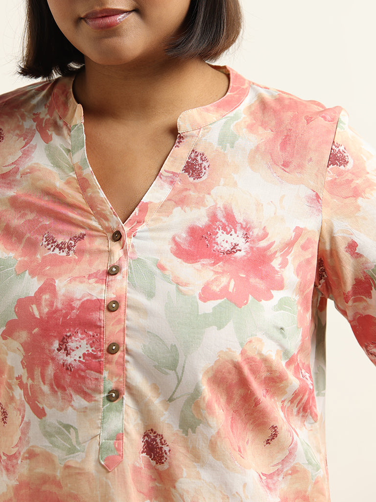 Diza Peach Floral Cotton Kurta