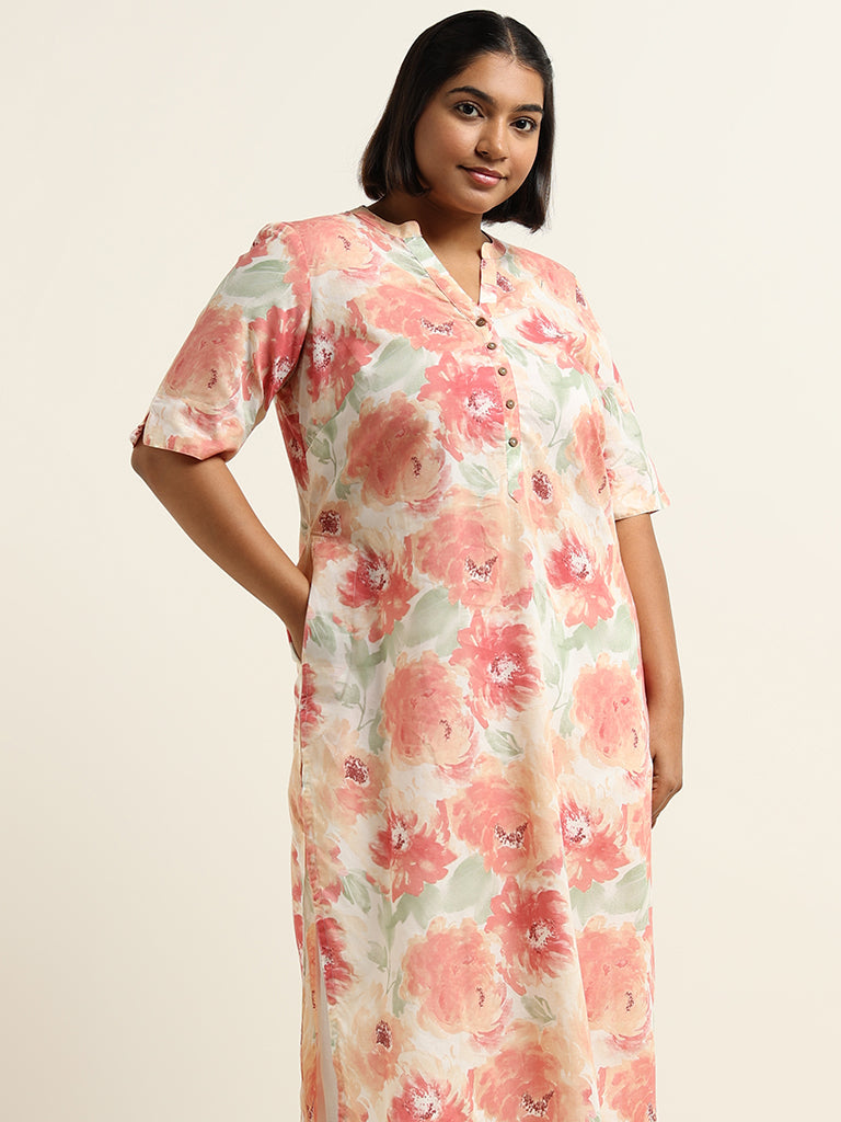 Diza Peach Floral Cotton Kurta