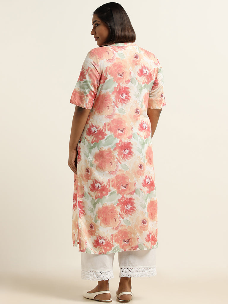 Diza Peach Floral Cotton Kurta