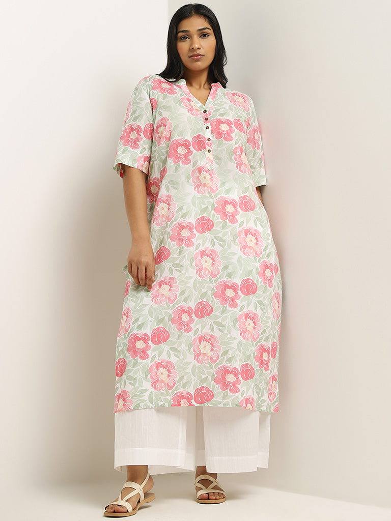 Diza Pink Floral Printed Cotton Kurta