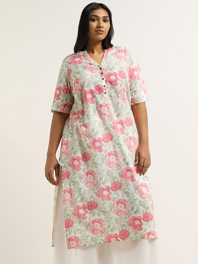 Diza Pink Floral Printed Cotton Kurta