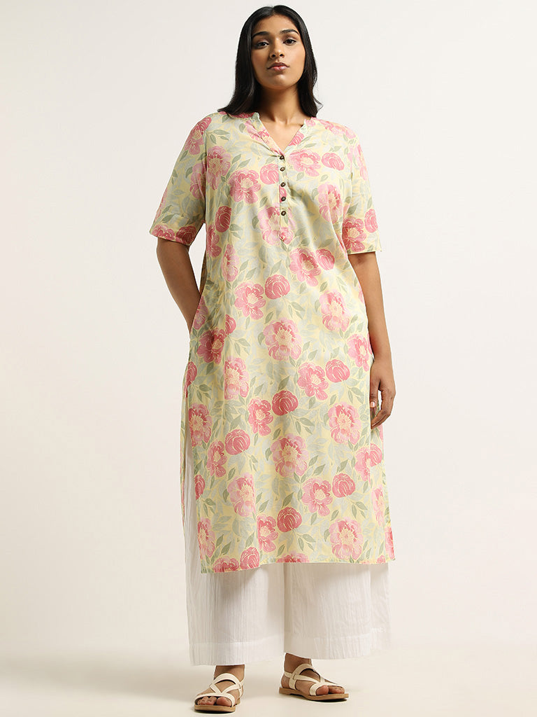 Diza Yellow Floral Printed Cotton Kurta