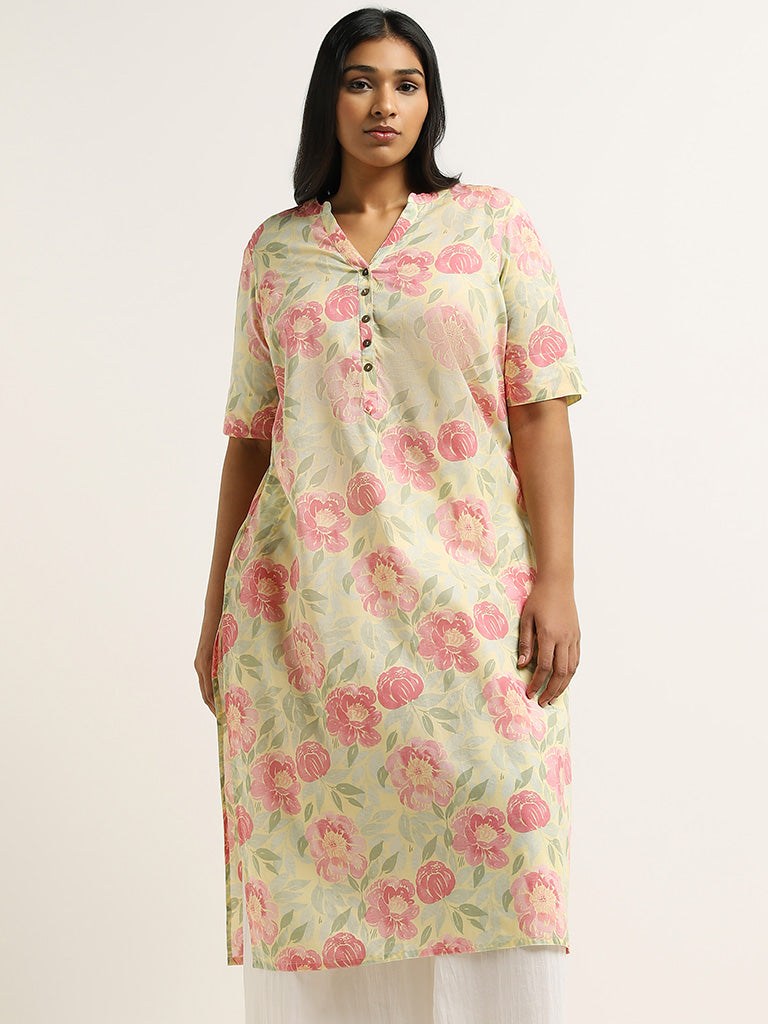 Diza Yellow Floral Printed Cotton Kurta