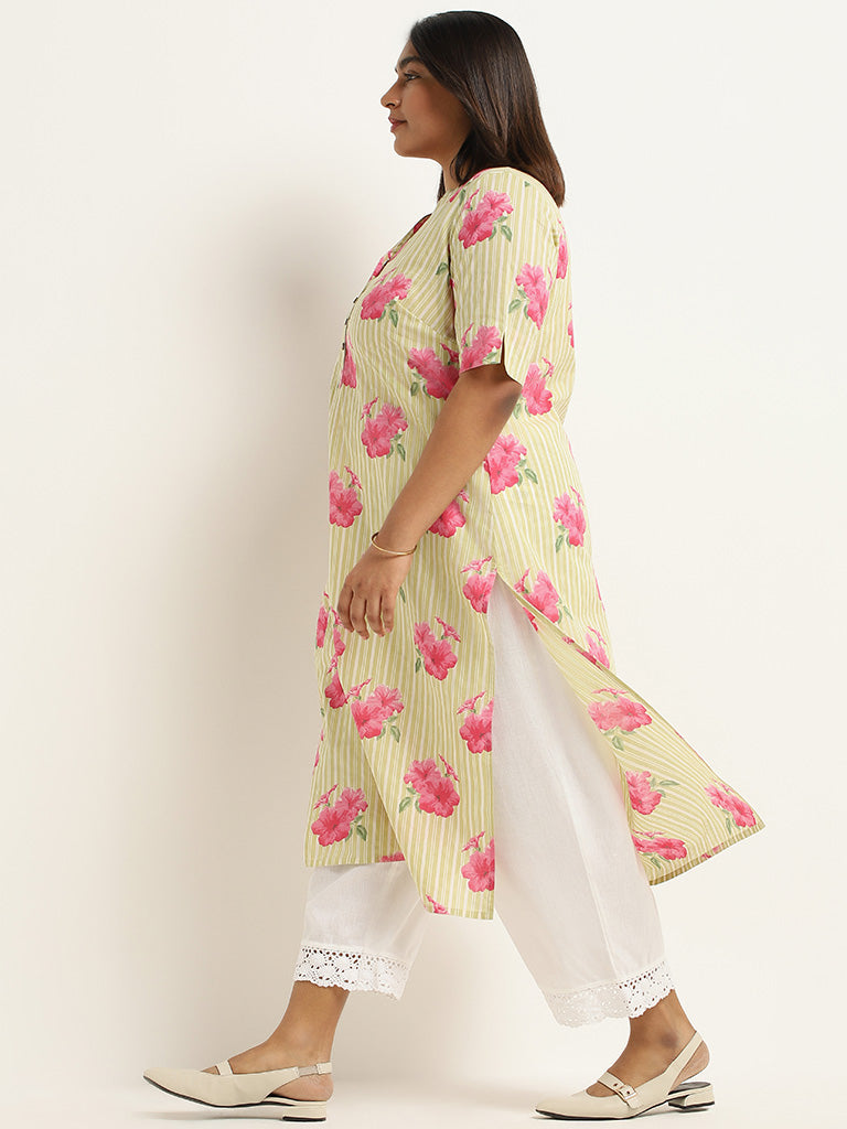 Diza Lime Floral Printed Cotton Kurta