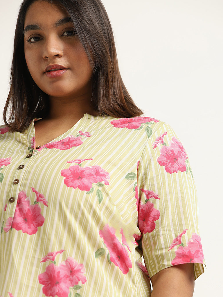 Diza Lime Floral Printed Cotton Kurta