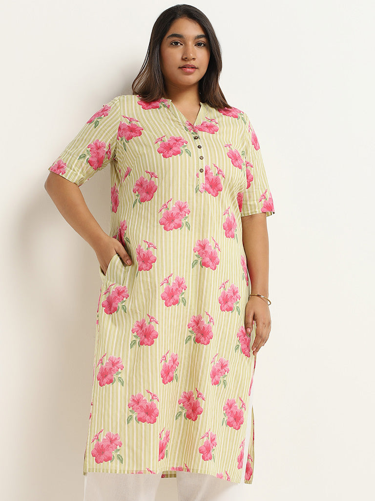 Diza Lime Floral Printed Cotton Kurta