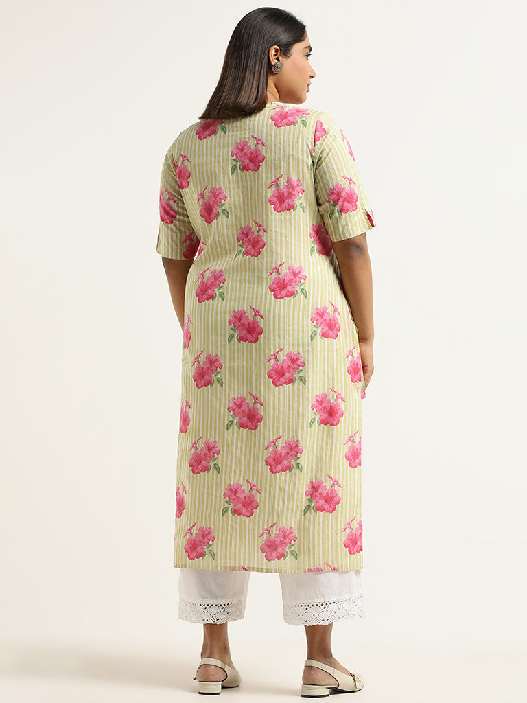 Diza Lime Floral Printed Cotton Kurta