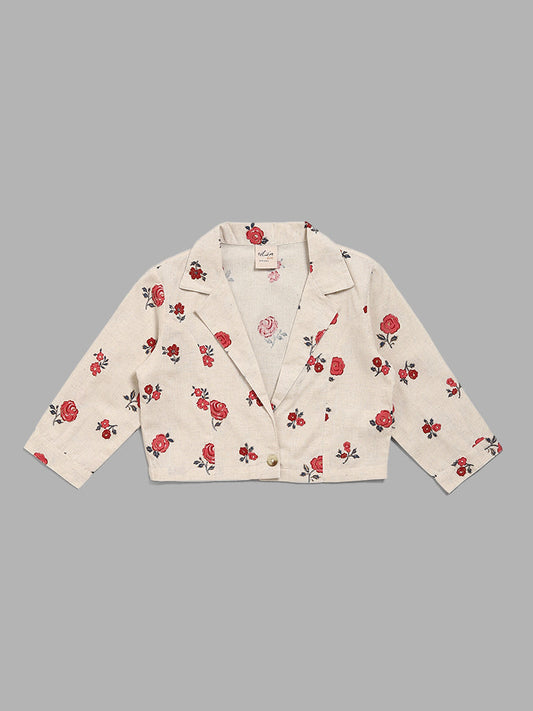 Utsa Kids Off White Floral Printed Crop Jacket (8 -14yrs)