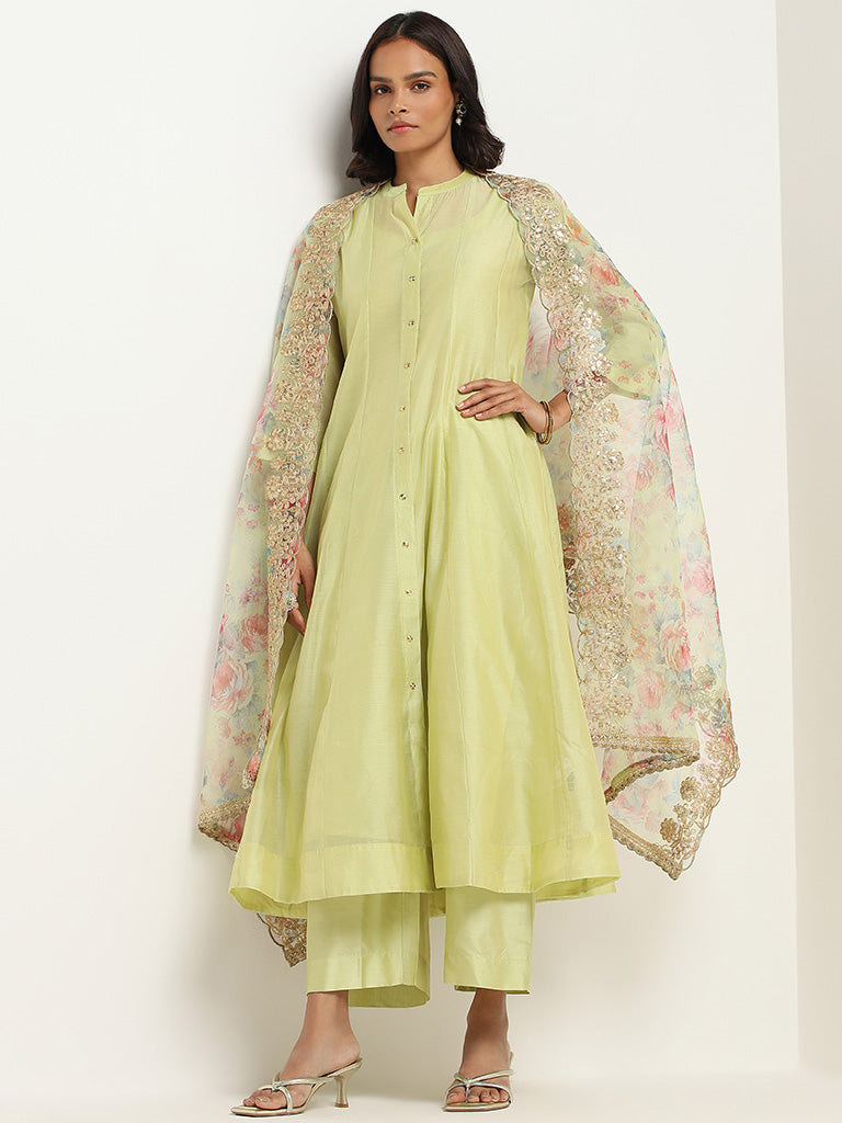 Vark Lime Kurta, Inner, Pants and Embroidered Cotton Blend Dupatta Set