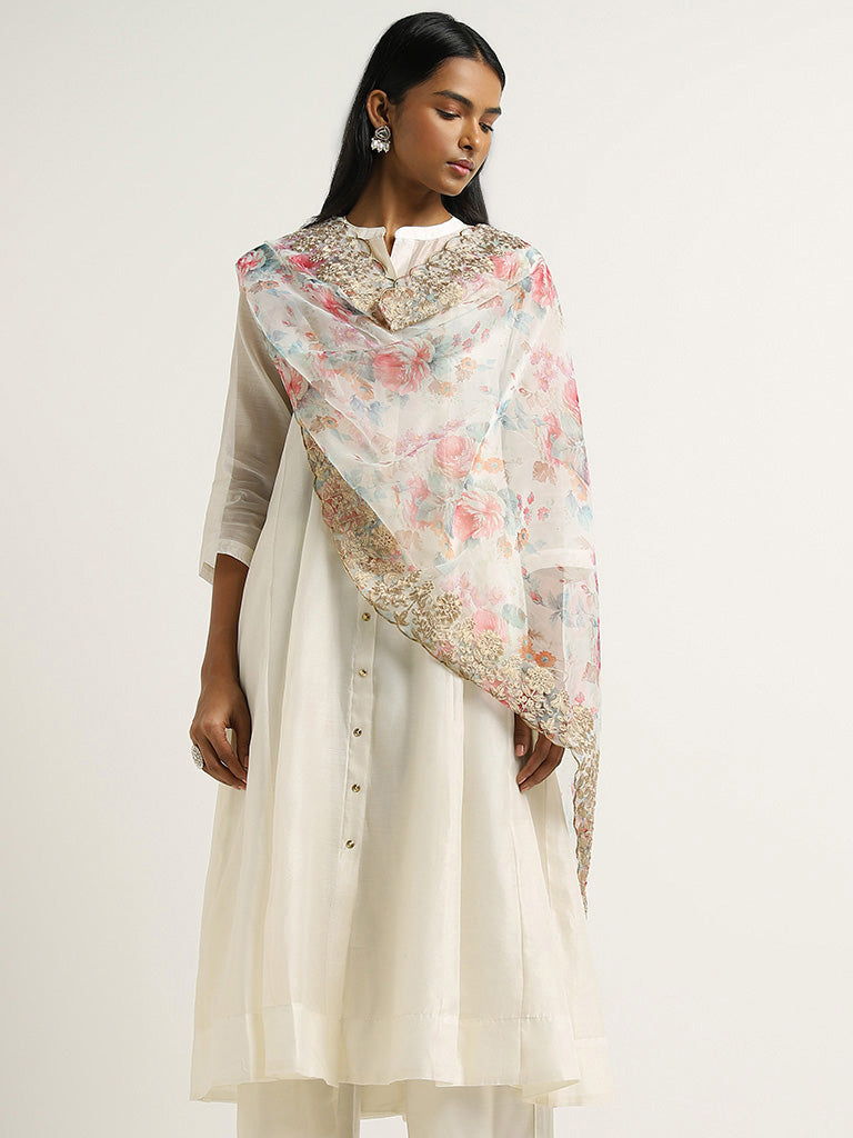 Vark White Kurta, Inner, Pants and Embroidered Cotton Blend Dupatta Set