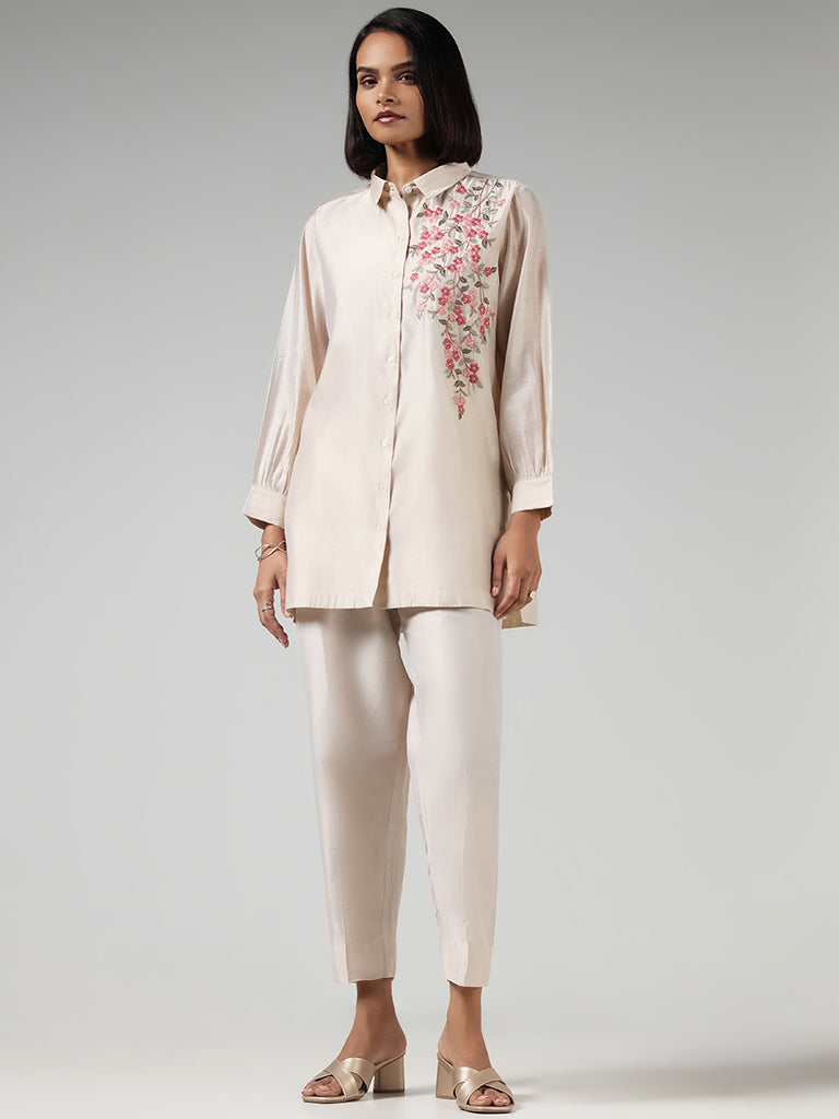 Vark Beige Floral Embroidered Kurti and Pants Set