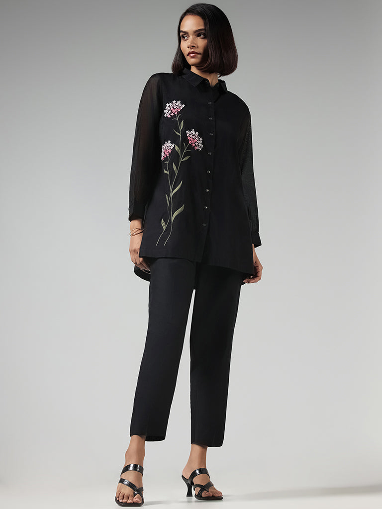 Vark Black Floral Embroidered Tunic & Pants Set