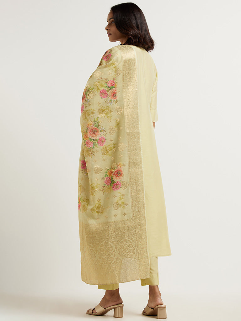 Vark Solid Lime Kurta, Straight Pants & Floral Printed Dupatta Set