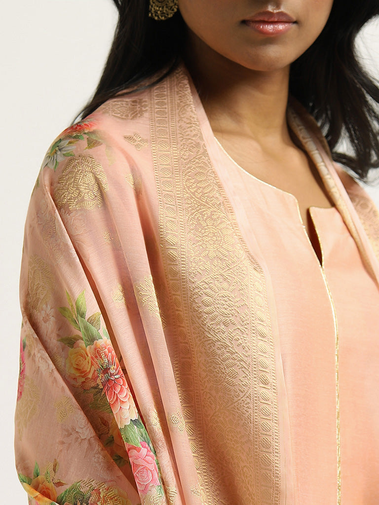 Vark Peach Printed Buttondown Kurta, Pants and Dupatta Set