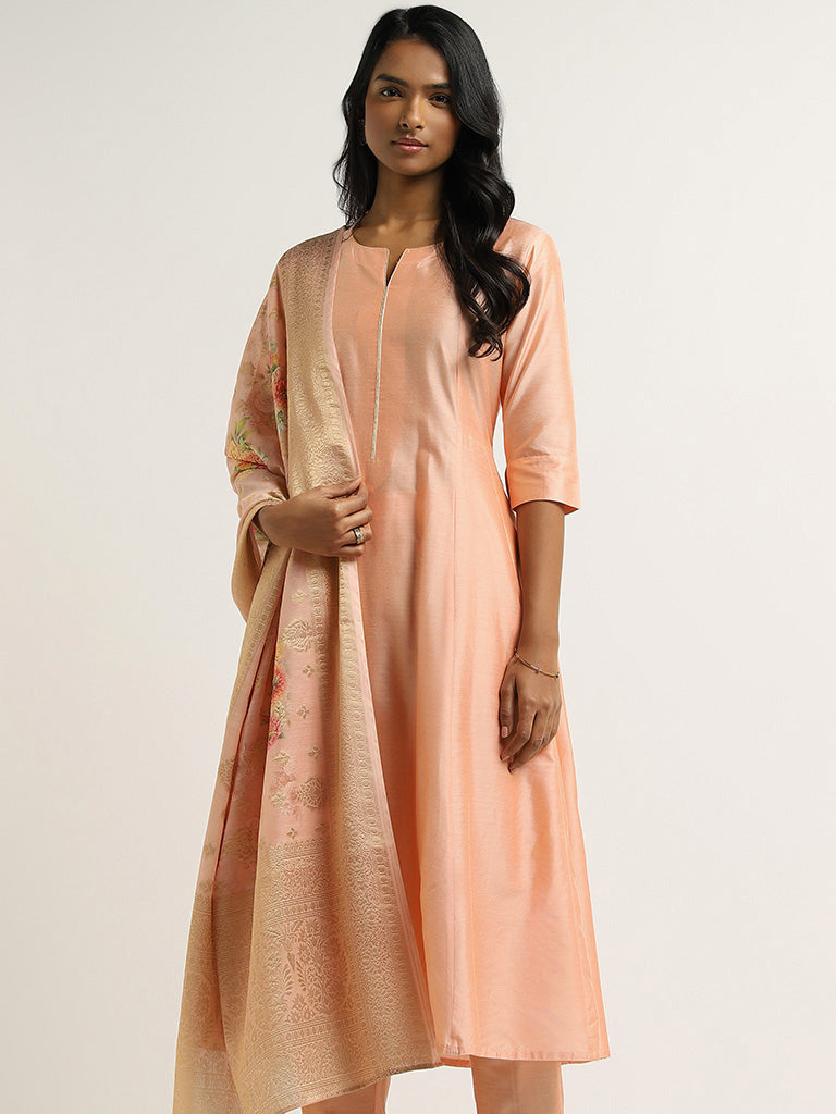 Vark Peach Printed Buttondown Kurta, Pants and Dupatta Set