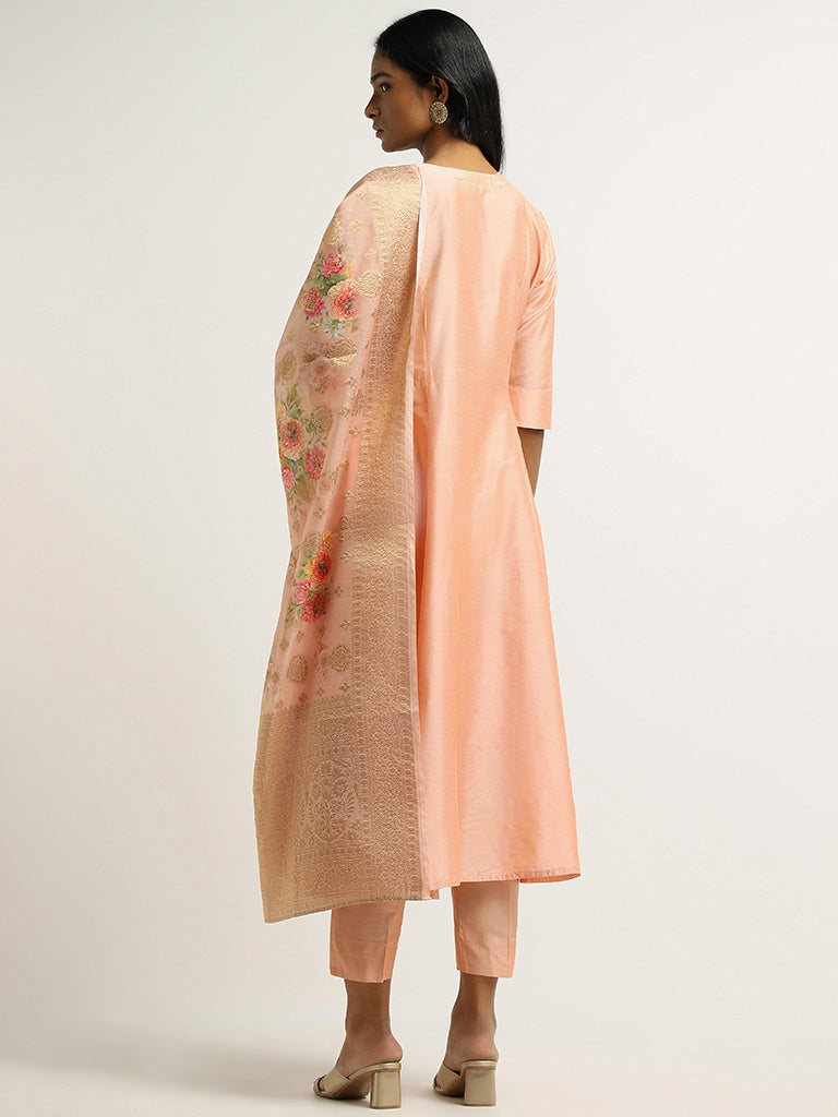 Vark Peach Printed Buttondown Kurta, Pants and Dupatta Set