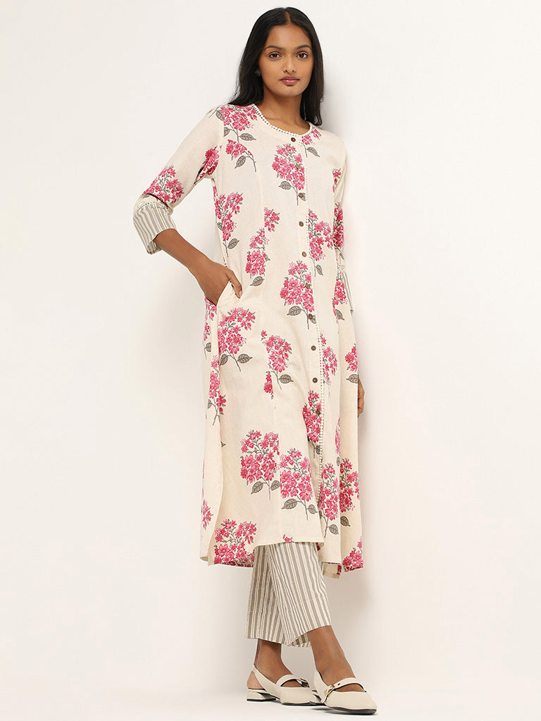 Utsa Pink Floral Cotton Kurta