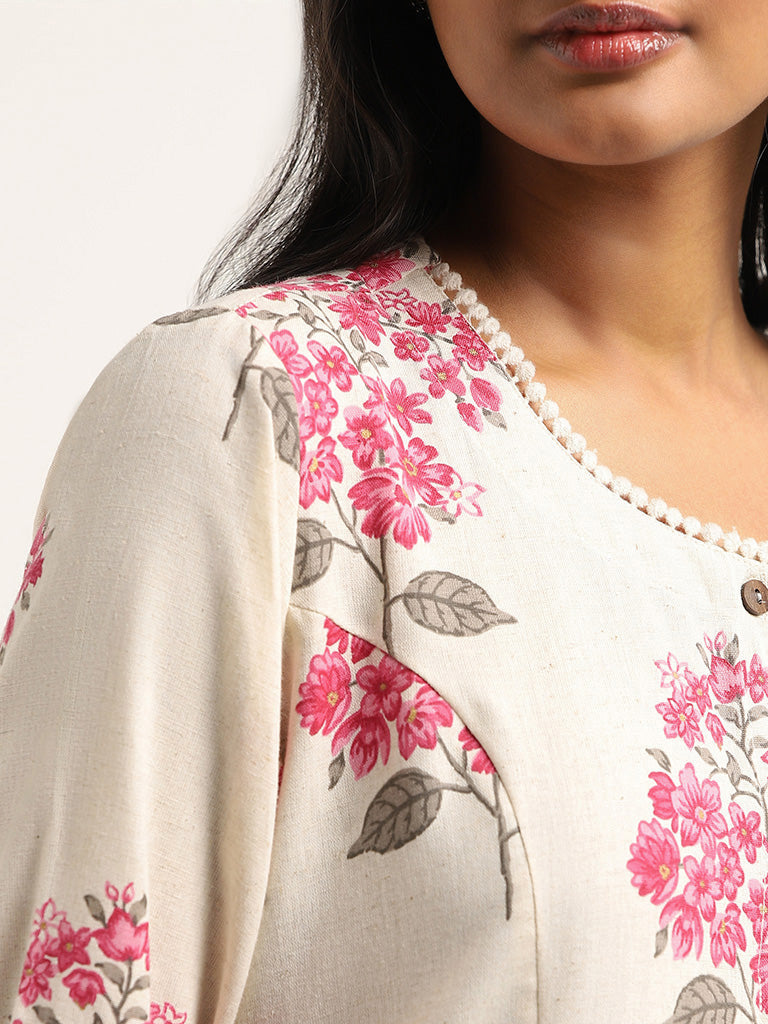 Utsa Pink Floral Cotton Kurta