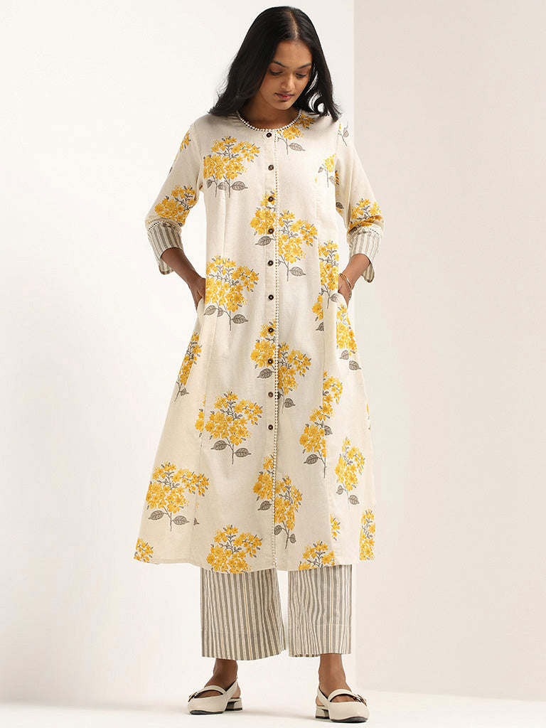 Utsa Yellow Floral Cotton Kurta