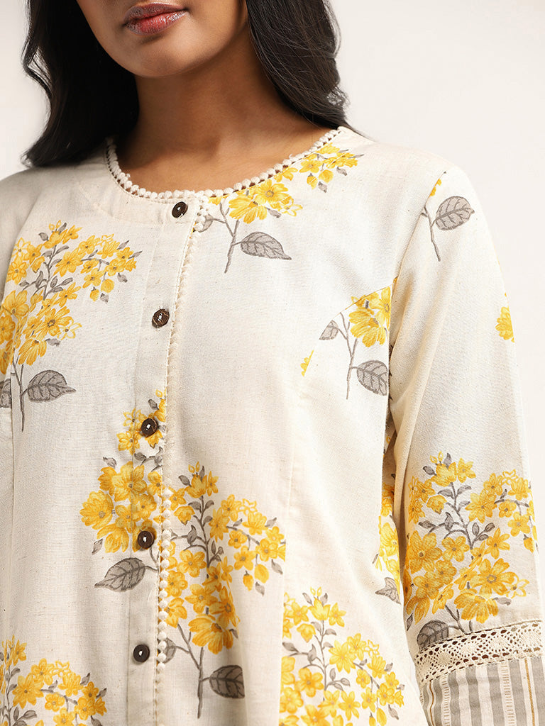 Utsa Yellow Floral Cotton Kurta