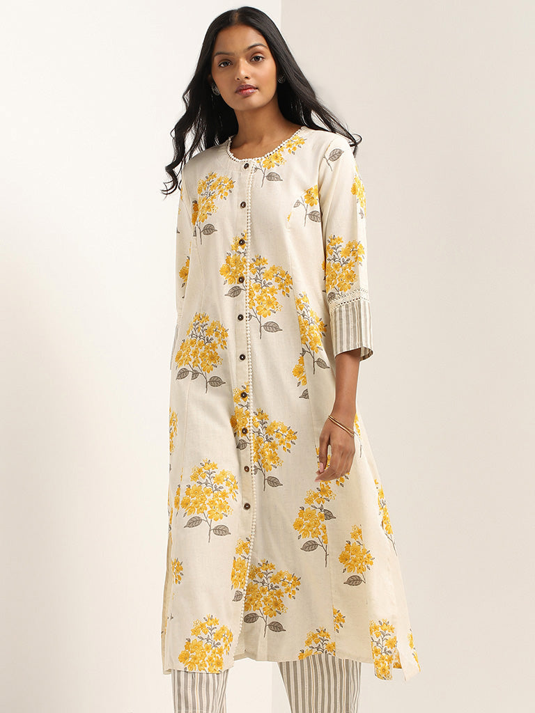 Utsa Yellow Floral Cotton Kurta