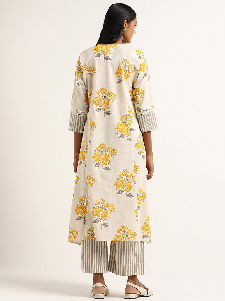 Utsa Yellow Floral Cotton Kurta