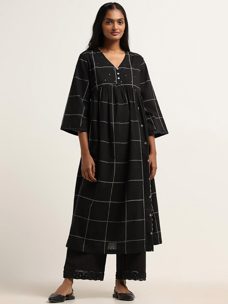 Utsa Black Mirror Embroidered Cotton Kurta