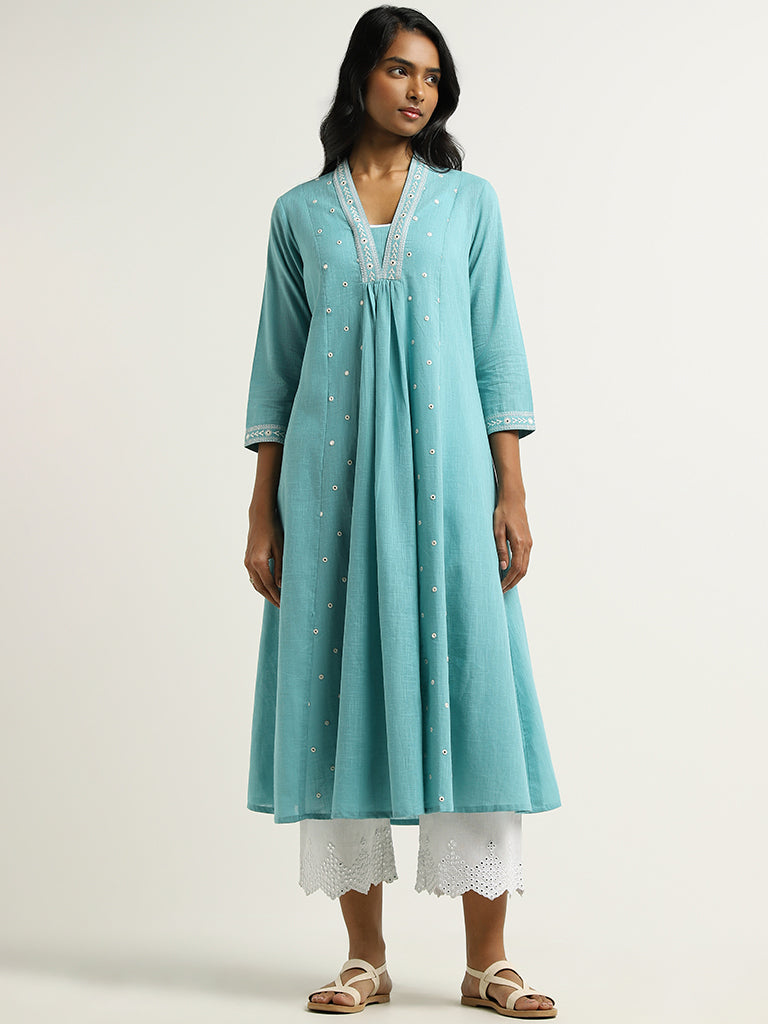 Utsa Blue Mirror Embroidered Cotton Kurta