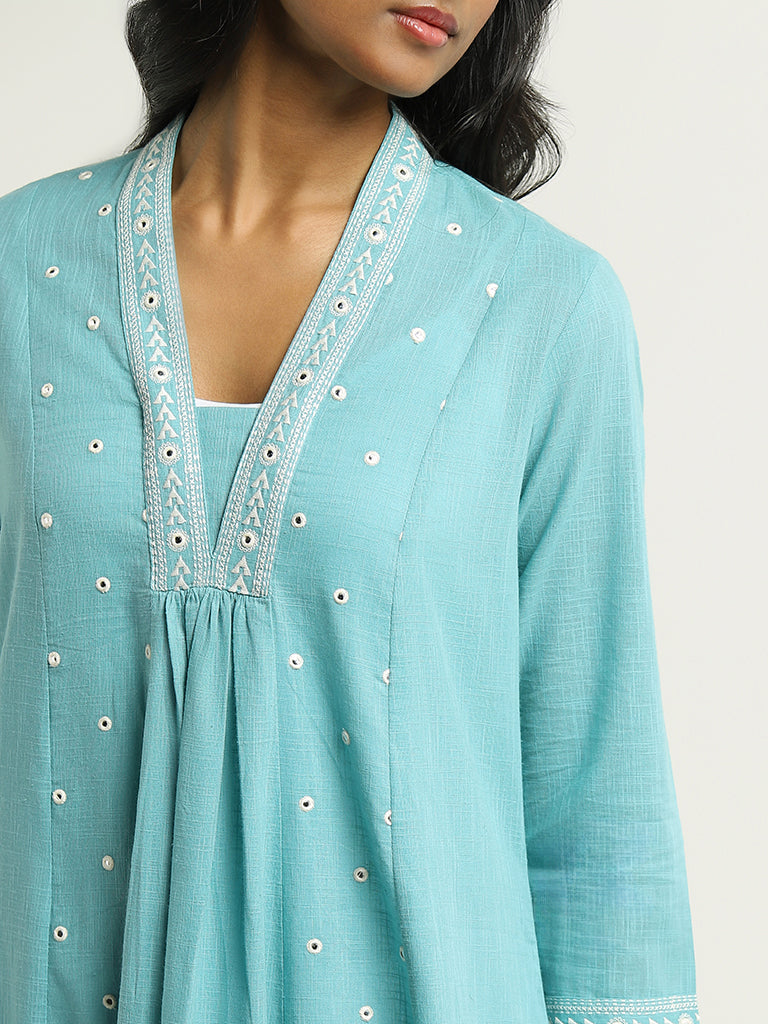 Utsa Blue Mirror Embroidered Cotton Kurta