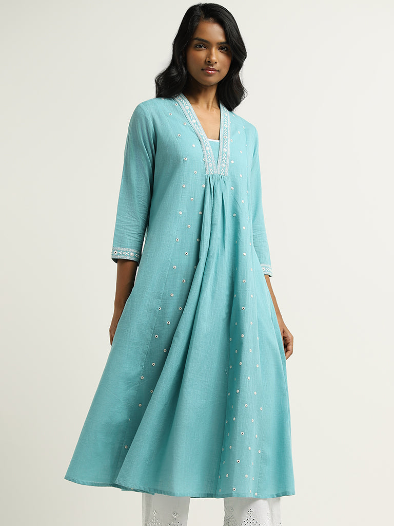 Utsa Blue Mirror Embroidered Cotton Kurta