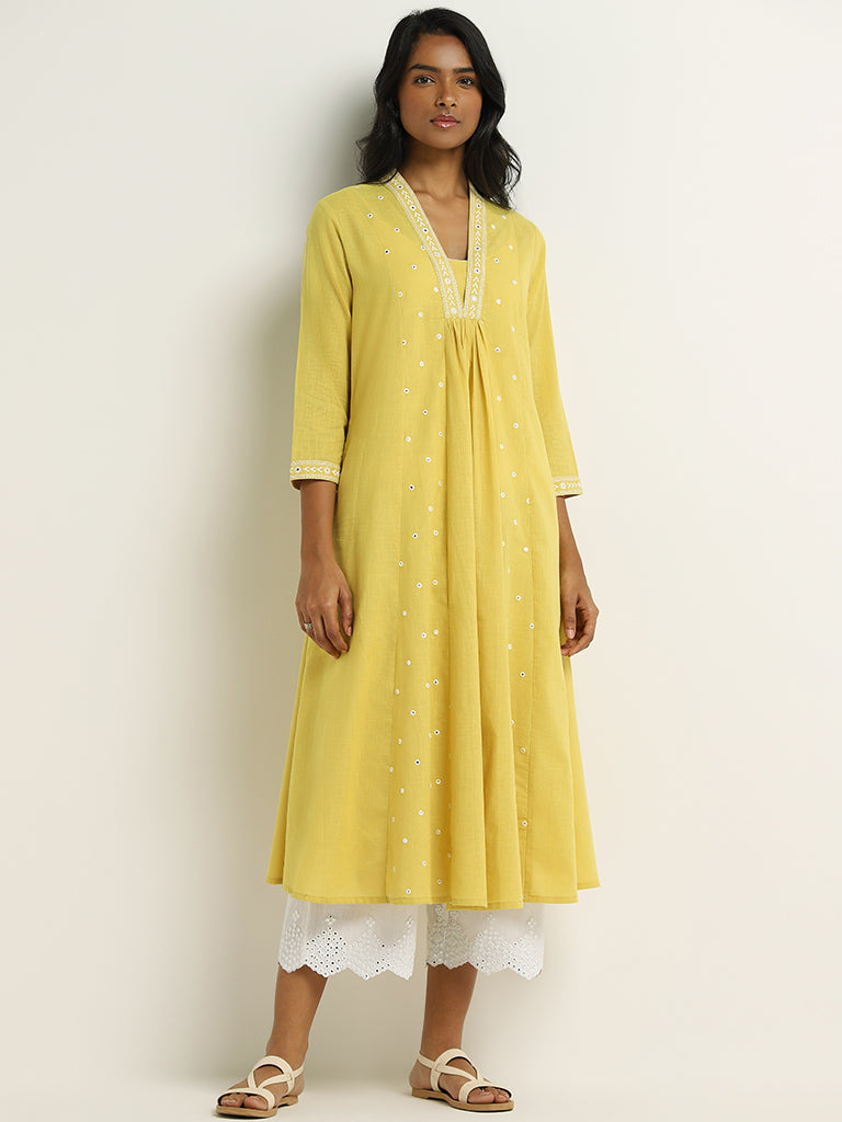 Utsa Yellow Mirror Embroidered Cotton Kurta