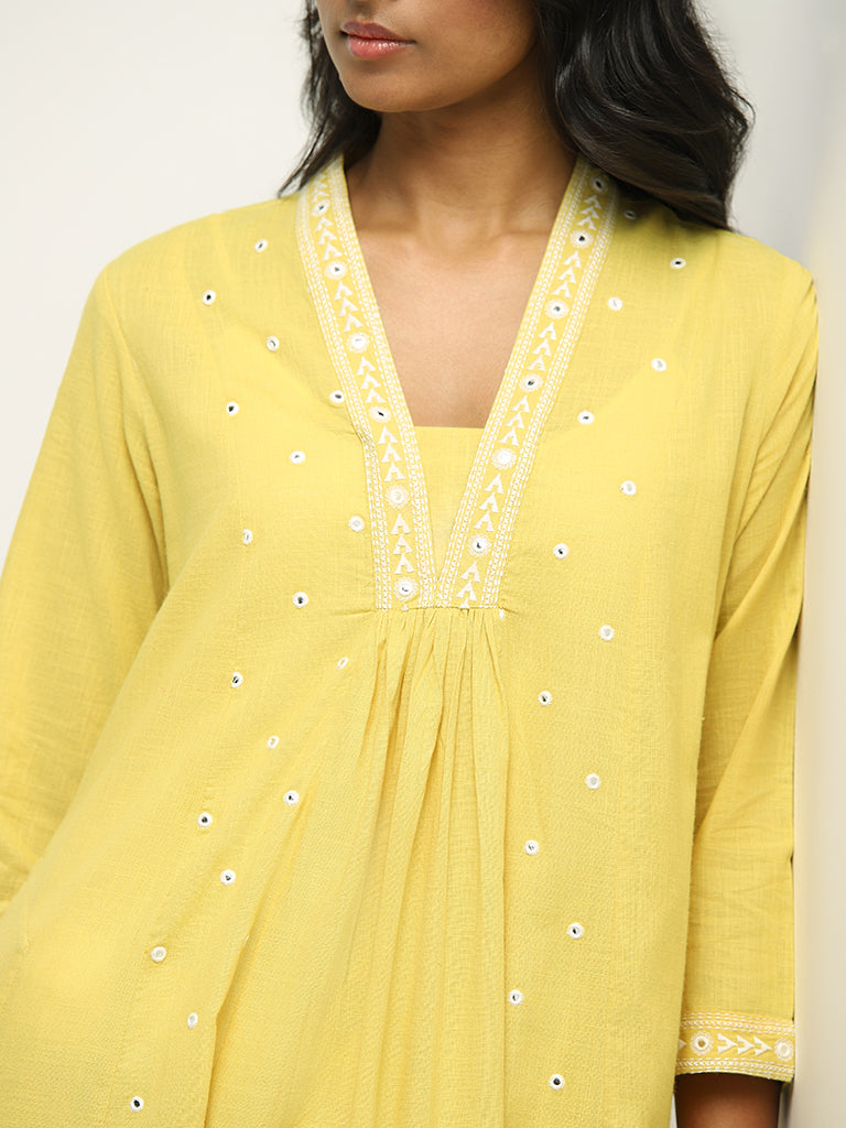 Utsa Yellow Mirror Embroidered Cotton Kurta