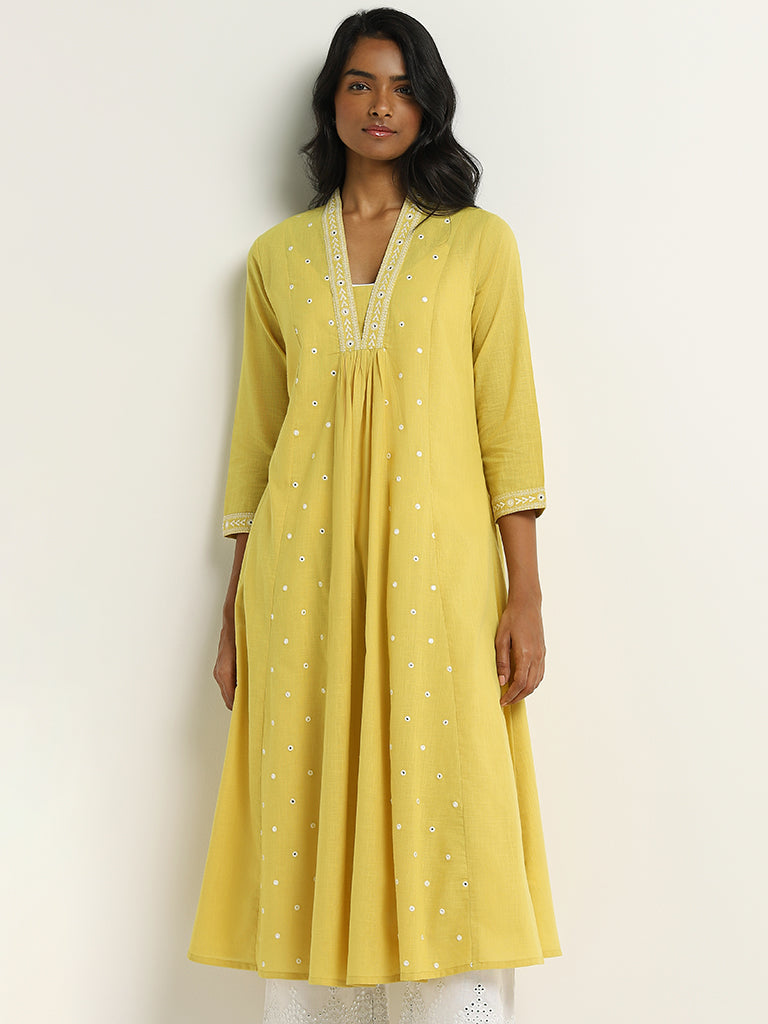 Utsa Yellow Mirror Embroidered Cotton Kurta