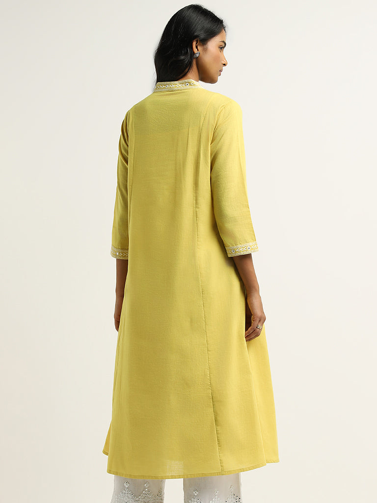 Utsa Yellow Mirror Embroidered Cotton Kurta